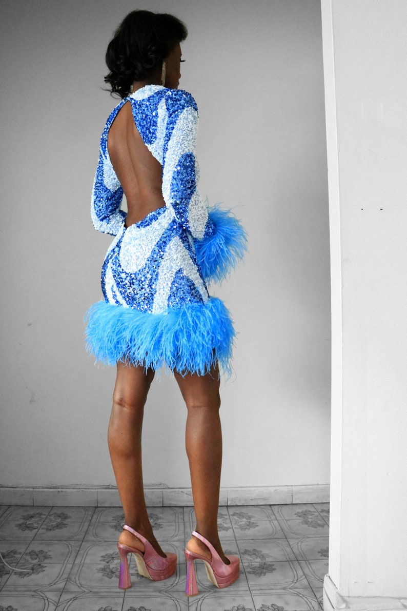 Blue Sequin Swirl Ostrich Feather Backless Mini Dress Women Sequin Dress Birthday Party Sequin Dress image 2