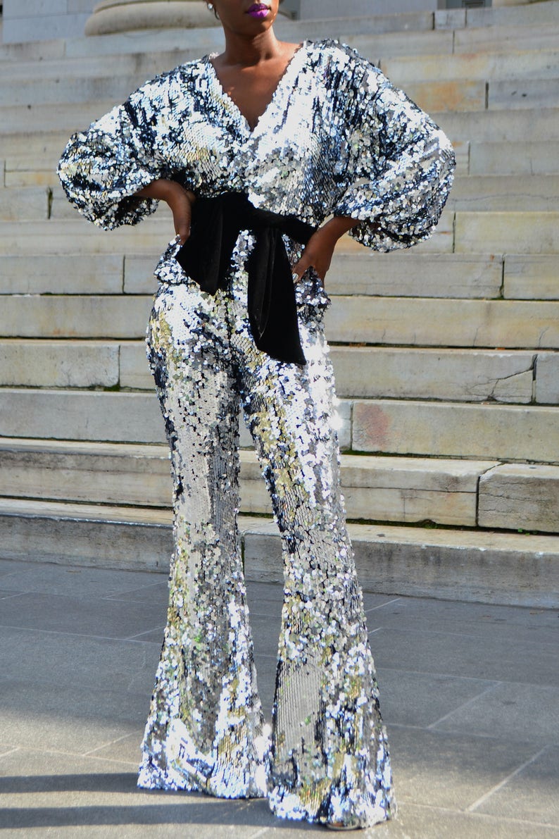 silver sequin wide leg pants