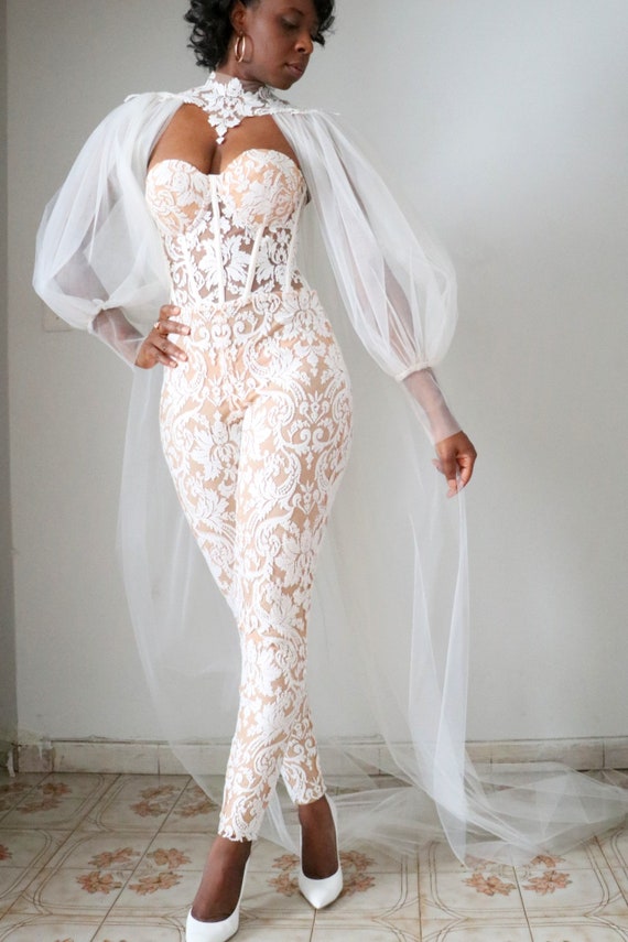 Bridal Jumpsuit with cape | Wedding jumpsuit, Civil wedding dresses, Bridal  shower outfit