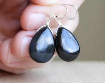 Blue Tiger Eye Earrings Dangle . Hawks Eye Earrings . Gemstone Teardrop Earrings