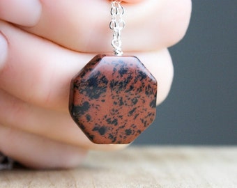 Mahogany Obsidian Necklace Silver . Large Stone Necklace Pendant . Protection Necklace Healing Crystal