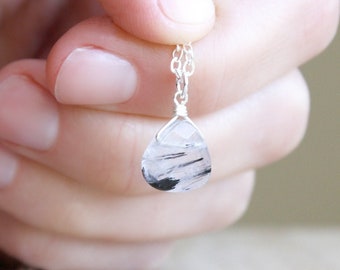 Tourmalinated Quartz Necklace Silver . Quartz Crystal Necklace for Women . Small Stone Drop Necklace