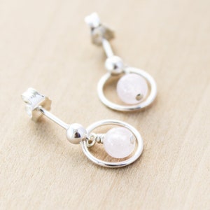 Morganite Stud Earrings . Pink Stone Stud Earrings Dangle . Hoop Stud Earrings in Sterling Silver