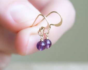 Small Amethyst Earrings Gold . Gold Amethyst Earrings . Round Gemstone Dangle Earrings