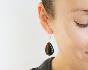 Tigers Eye Earrings Dangle . Large Stone Earrings Leverback . Natural Gemstone Lever Back Earrings in Sterling Silver