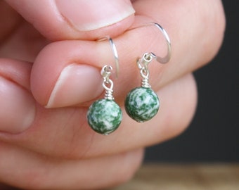 Green Stone Earrings Dangle . Natural Agate Earrings Sterling Silver . Small Round Gemstone Earrings for Women