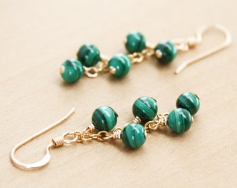 Malachite Cluster Earrings in 14k Gold Fill for Insight and Intuition