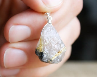 Raw Crystal Necklace in Sterling Silver . Golden Rutile Quartz Necklace Pendant . Rough Gemstone Necklace