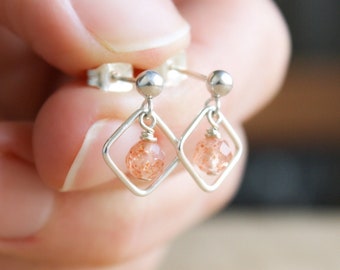 Sunstone Stud Earrings Sterling Silver 925 . Geometric Stud Earrings Dangle . Diamond Shaped Earrings