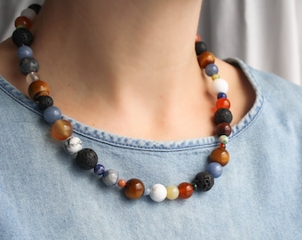 Large Round Bead Necklace . Natural Gemstone Beaded Necklace . Multi Stone Necklace for Men and Women