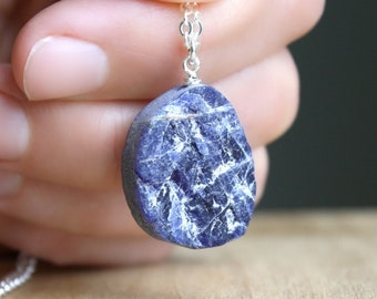 Sodalite Necklace . Raw Crystal Necklace for Women . Rough Gemstone Pendant Necklace in Sterling Silver