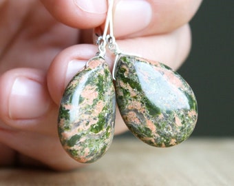 Unakite Earrings in Sterling Silver for Emotional Resilience and Calm