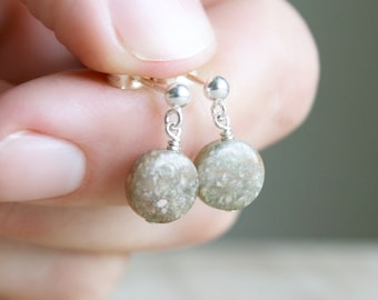 Round Stone Studs Earrings Dangle . Unakite Earrings . Natural Gemstone Stud Earrings in Sterling Silver