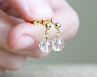 Clear Quartz Stud Earrings 14k Gold Filled . Gold Quartz Stud Earrings . Real Crystal Earrings Dangle