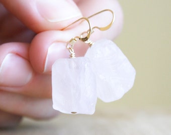 Raw Rose Quartz Earrings 14k Gold Filled . Raw Crystal Earrings Dangle . Large Stone Earrings for Women