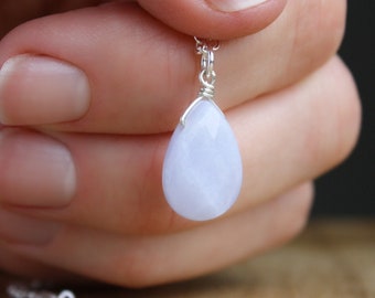 Blue Chalcedony Necklace in 925 Sterling Silver for Harmony and Calm