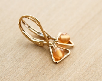 Natural Carnelian Triangle Earrings in 14k Gold Fill for Willpower and Motivation