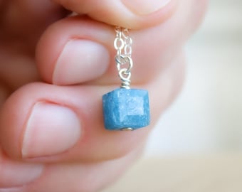 Blue Apatite Necklace . Small Stone Necklace . Cube Necklace . Natural Gemstone Pendant Necklace in Sterling Silver