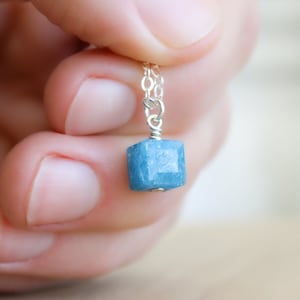 Blue Apatite Necklace . Small Stone Necklace . Cube Necklace . Natural Gemstone Pendant Necklace in Sterling Silver image 1
