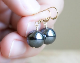 Hematite Earrings Dangle . Healing Stone for Anxiety Relief Earrings . Dark Grey Earring . Round Stone Earrings Gold