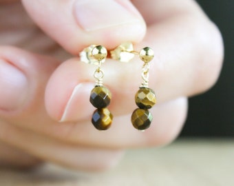 Tigers Eye Studs in 14k Gold Fill for Clarity of Intention and Overcoming Obstacles