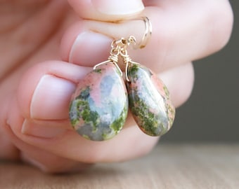 Unakite Earrings in 14k Gold Fill for Emotional Resilience and Balance