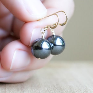 Hematite Earrings Dangle . Healing Stone for Anxiety Relief Earrings . Dark Grey Earring . Round Stone Earrings Gold image 1