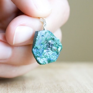 Raw Chrysocolla Crystal Necklace: Sterling Silver Gemstone Pendant