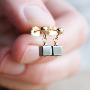 Hematite Stud Earrings Gold . Anxiety Earrings . Cube Studs . Geometric Studs Earrings Dangle
