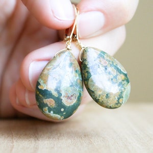 Rhyolite Earrings . Green Gemstone Earrings Leverback . 14k Gold Filled Lever Back Drop Earrings