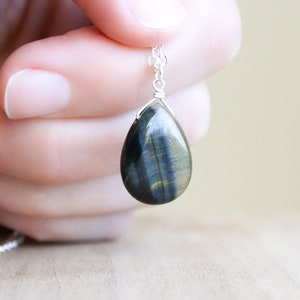 Blue Tiger&#39;s Eye Necklace for Women . Hawks Eye Pendant Necklace . Teardrop Gemstone Necklace in Sterling Silver