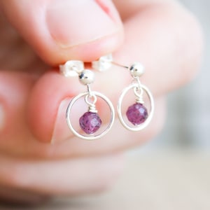Natural Ruby Earrings Stud . July Birthstone Earrings for Girls  . Sterling Silver Hoop Studs