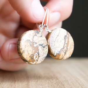 Brown Gemstone Earrings Leverback . Picture Jasper Earrings Dangle . Circle Gemstone Earrings Lever Back 925 Sterling Silver