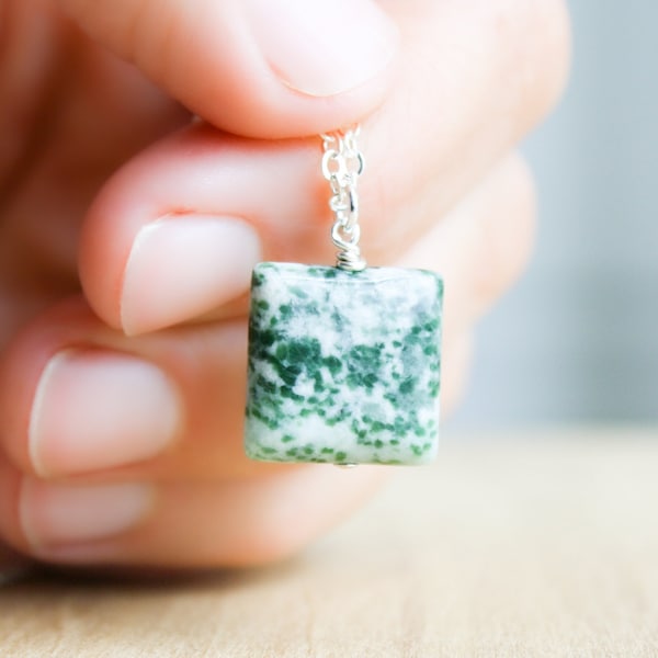 Tree Agate Necklace Pendant . Green Agate Necklace in Sterling Silver . Natural Gemstone Necklace for Women