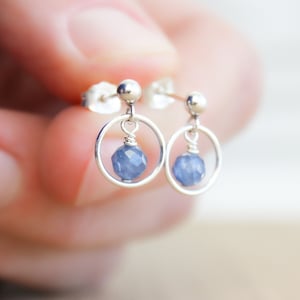Kyanite Stud Earrings . Hoop Stud Earrings Dangle . Blue Kyanite Earrings in Sterling Silver