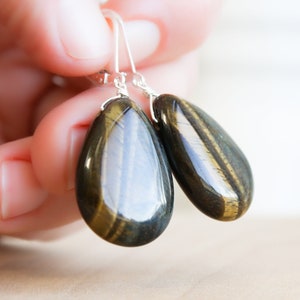 Tiger&#39;s Eye Dangle Earrings: Sterling Silver Leverback, Natural Gemstone