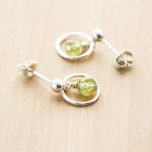 Peridot Stud Earrings Dangle . Hoop Stud Earrings . August Birthstone Earrings in Sterling Silver image 1