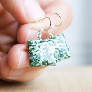 Green Agate Dangle Earrings . Square Stone Earrings in Sterling Silver . Tree Agate Earrings . Green Gemstone Earrings image 1