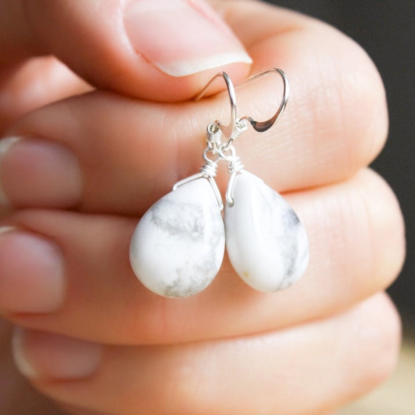 White Howlite Earrings . Anxiety Relief Jewelry Gifts for Mom . White Stone Earrings . White Teardrop Earrings Sterling Silver