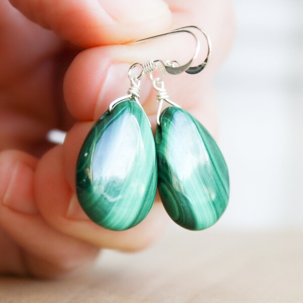 Malachite Earrings Dangle . Green Stone Earrings Silver . Malachite Drop Earrings