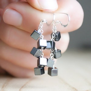 Hematite Earrings Dangle . Anxiety Relief Crystal Earrings . Gemstone Cluster Earrings Silver . Square Earrings image 1