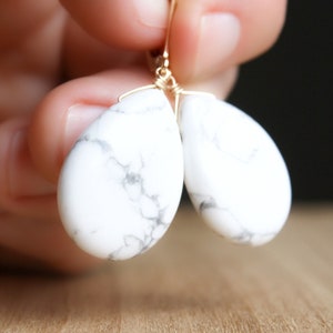 White Howlite Earrings . Lever Back Gemstone Earrings Dangle . Leverback Earrings 14k Gold Fill