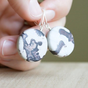 Sterling Silver Jasper Earrings: Circle Stone Leverback Dangle