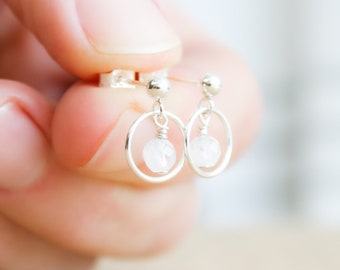 Rainbow Moonstone Hoop Studs in Sterling Silver for Stability and Calm