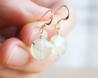 Prehnite Earrings . Light Green Stone Earrings Gold . Round Gemstone Earrings 14k Gold Filled