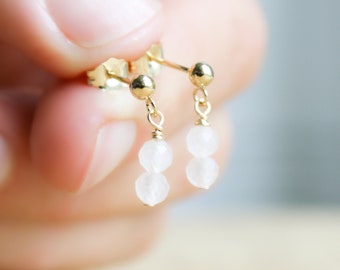 Rose Quartz Stud Earrings Gold . Small Stone Stud Earrings Dangle . Natural Gemstone Studs in 14k Gold Fill