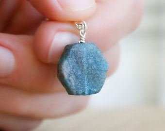 Blue Apatite Necklace . Raw Crystal Necklace Sterling Silver . Natural Gemstone Pendant Necklace