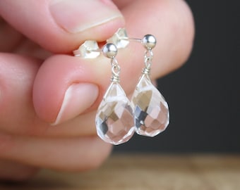 Clear Quartz Stud Earrings Dangle . Faceted Quartz Crystal Earrings . Healing Gemstone Teardrop Earrings