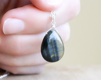 Blue Tiger's Eye Necklace for Women . Hawks Eye Pendant Necklace . Teardrop Gemstone Necklace in Sterling Silver