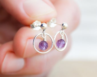 Amethyst Hoop Studs in Sterling Silver for Protection and Motivation NEW